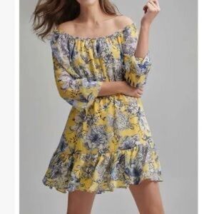 TOMMY HILFIGER Yellow Floral Print Off The Shoulder Tiered Mini Dress Medium New